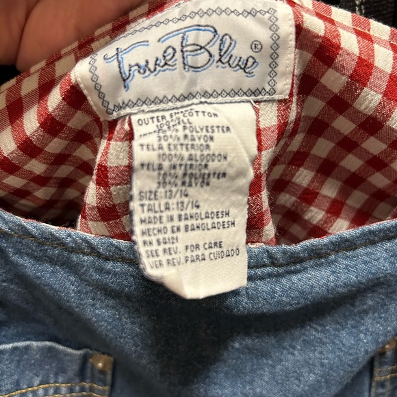 Denim Jean skirt with red and white checkered shorts underneath and tie belt - Picture 2 of 3